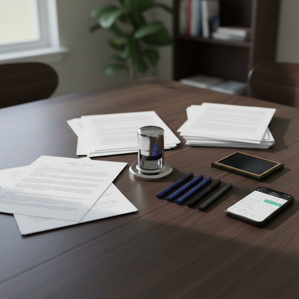 A sturdy, dark wood dining table transformed into a temporary mobile notary workstation, covered with neatly stacked legal documents, a chrome notary embosser, blue and black ink pens aligned in a row, and a small, elegant stamp pad. At the edge sits a smartphone displaying a calendar with same-day appointments highlighted. Soft, diffused midday light filters in from an unseen window, illuminating the grain of the wood and the clean, white pages while casting gentle, orderly shadows. The background is tastefully blurred, hinting at a tidy home interior. Shot from a slightly elevated angle in photographic realism, the image feels calm, organized, and trustworthy, representing a professional notary service that comes directly to clients’ homes.