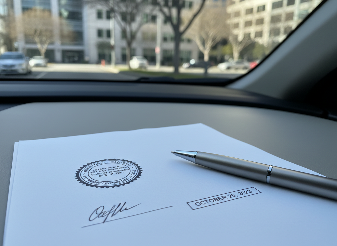 A close-up, photographic realism shot of a notarized document resting on a smooth, light gray desk surface inside a parked car. The paper displays a crisp, circular notary stamp impression, cleanly signed lines, and a clearly visible date, with a high-quality metal pen placed diagonally across the bottom margin. Through the softly blurred windshield in the background, faint shapes of office buildings and a tree-lined street suggest a professional, on-location visit. Late morning natural light filters through the glass, creating soft highlights on the pen barrel and subtle shadows along the embossed seal. Captured from a low, side angle with shallow depth of field, the mood is precise, trustworthy, and efficient, ideal for illustrating the completed work of a mobile notary service.