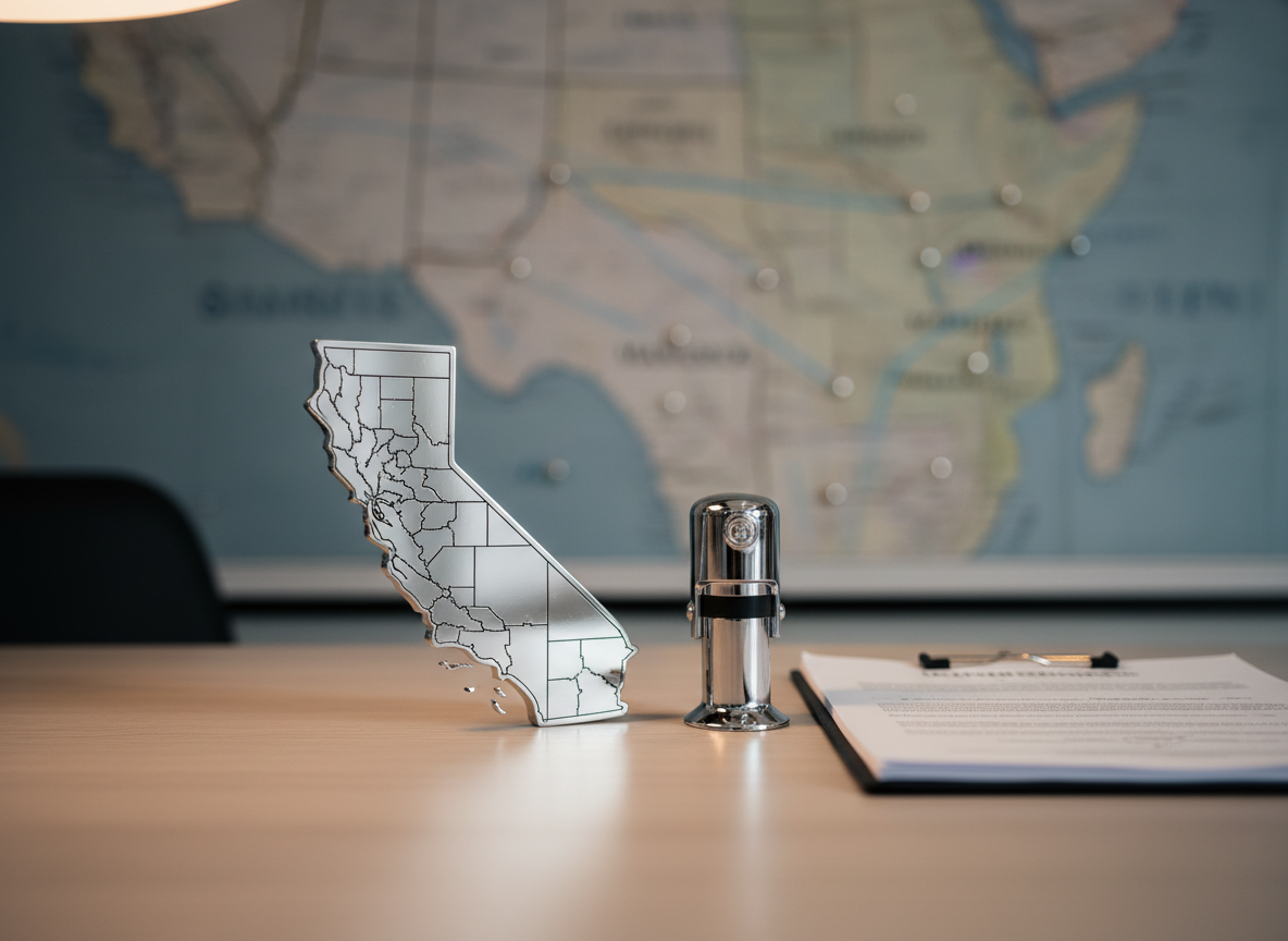 A photographic realism image of a clean, modern office desk featuring a prominently placed California-shaped metal desk ornament engraved with subtle county outlines, beside a sleek notary public seal stamp and a stack of neatly clipped loan documents. In the background, a softly blurred wall map highlights Stanislaus and surrounding counties with tasteful pins and thin connecting lines. Warm, indirect office lighting from an overhead source creates gentle, even illumination and minimal shadows, emphasizing clarity and order. Composed with a rule-of-thirds layout and a medium depth of field, the scene feels authoritative yet approachable. The mood is confident and region-focused, visually communicating a local mobile notary’s deep familiarity with the area they serve.